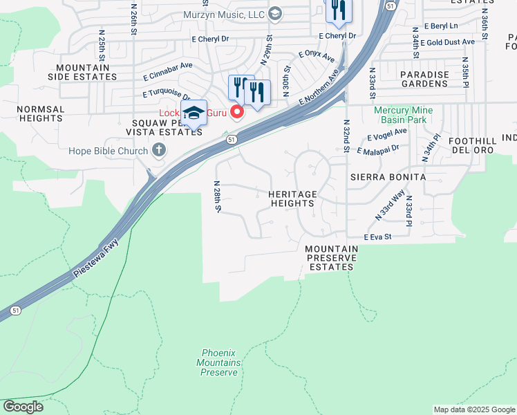 map of restaurants, bars, coffee shops, grocery stores, and more near 9042 North 29th Street in Phoenix