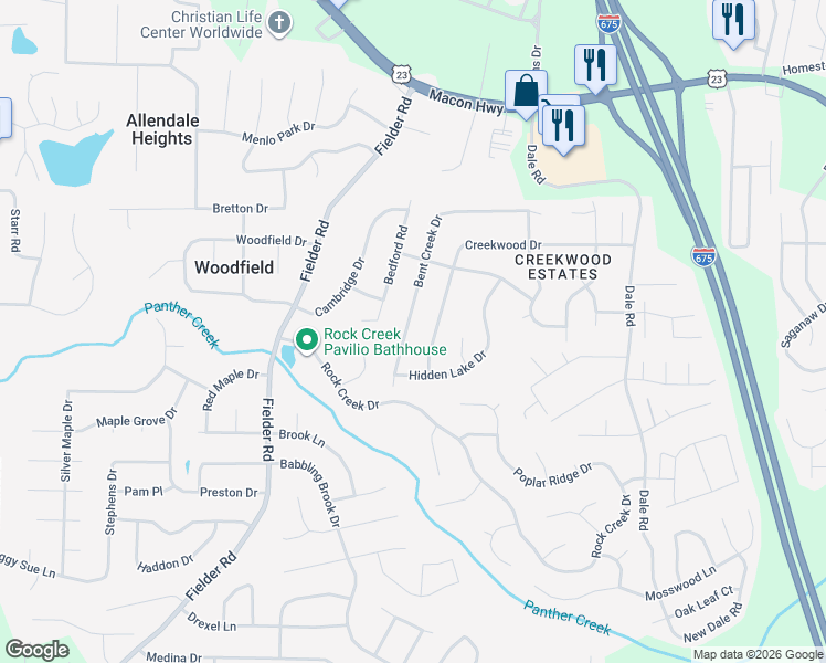 map of restaurants, bars, coffee shops, grocery stores, and more near 6762 Bent Creek Drive in Rex