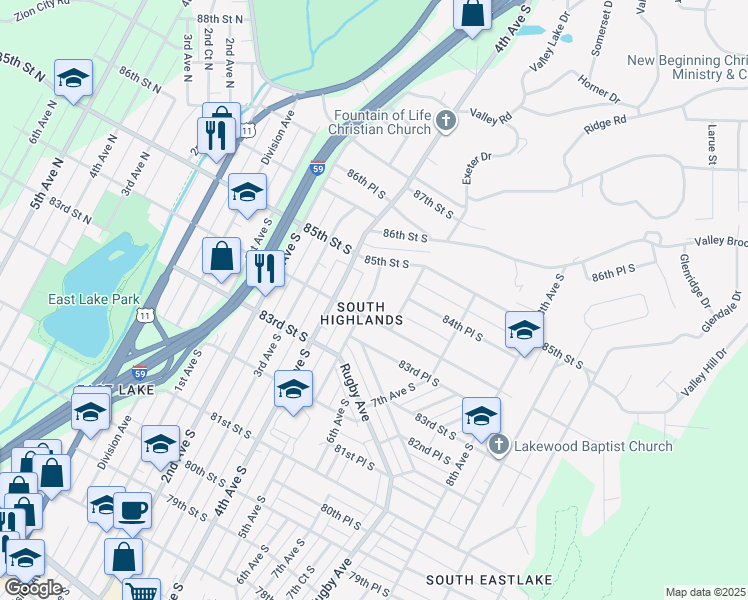 map of restaurants, bars, coffee shops, grocery stores, and more near 8417 5th Avenue South in Birmingham