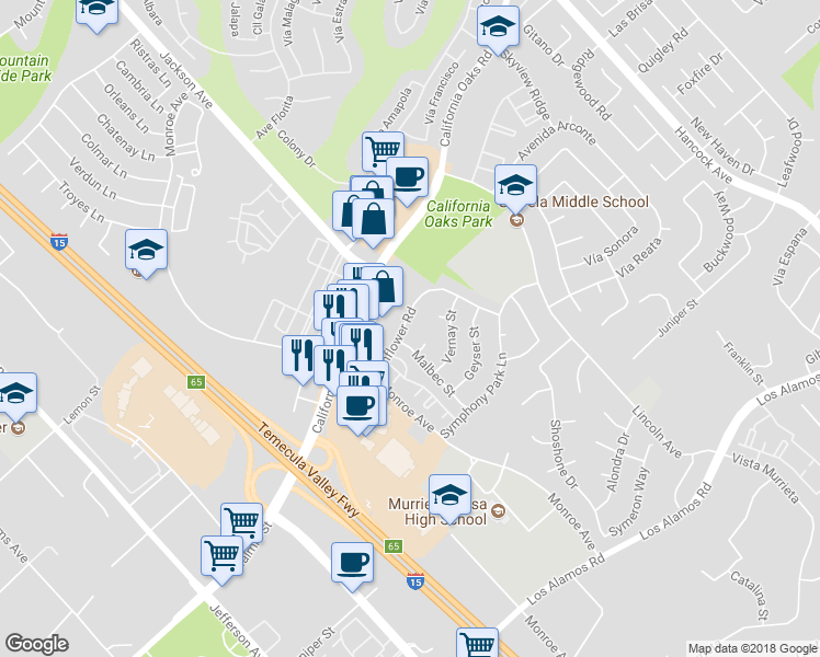 map of restaurants, bars, coffee shops, grocery stores, and more near 40700 Sunflower Road in Murrieta