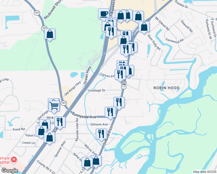map of restaurants, bars, coffee shops, grocery stores, and more near 3531 Adam Court in Murrells Inlet