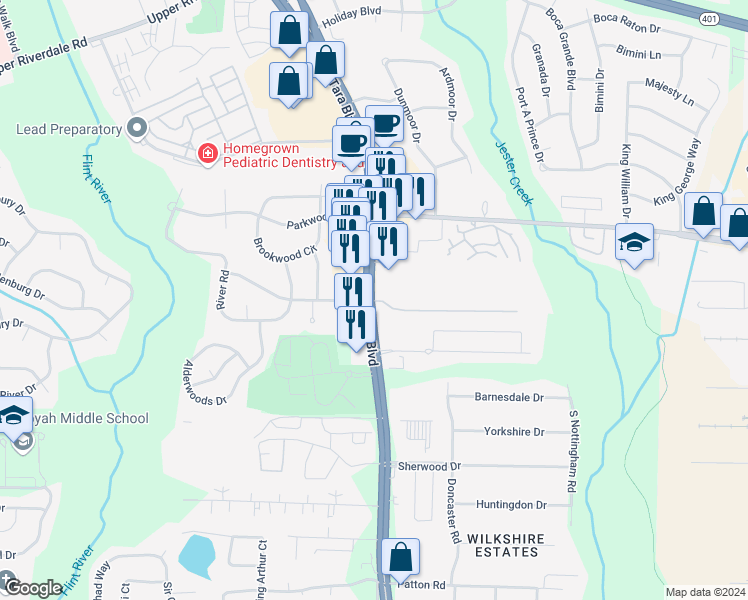 map of restaurants, bars, coffee shops, grocery stores, and more near Flint Trail in Jonesboro