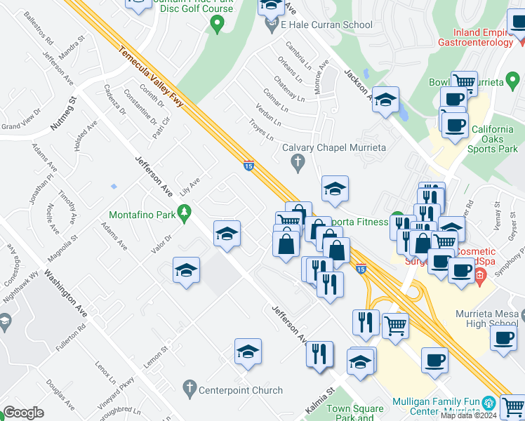 map of restaurants, bars, coffee shops, grocery stores, and more near 24275 Aquilla Avenue in Murrieta