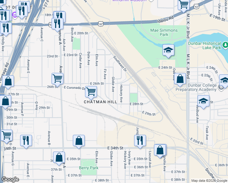 map of restaurants, bars, coffee shops, grocery stores, and more near 2614 Globe Avenue in Lubbock