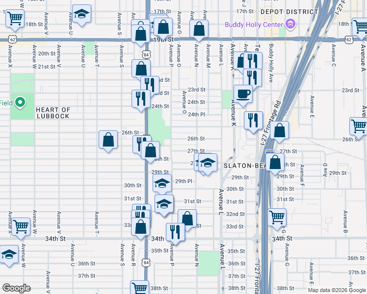 map of restaurants, bars, coffee shops, grocery stores, and more near 1506 27th Street in Lubbock