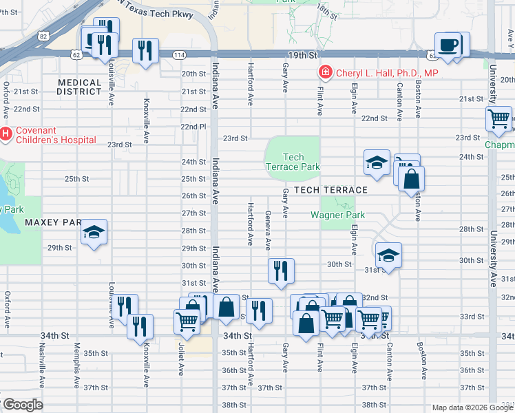 map of restaurants, bars, coffee shops, grocery stores, and more near 3208 27th Street in Lubbock