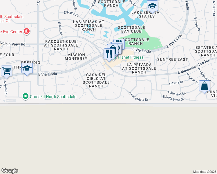 map of restaurants, bars, coffee shops, grocery stores, and more near 10074 East Calle De Cielo Circle in Scottsdale