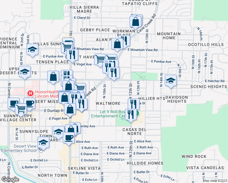 map of restaurants, bars, coffee shops, grocery stores, and more near 9213 North 11th Street in Phoenix