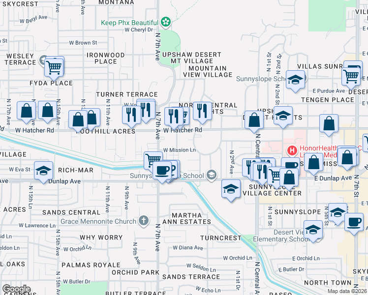 map of restaurants, bars, coffee shops, grocery stores, and more near 412 West Mission Lane in Phoenix