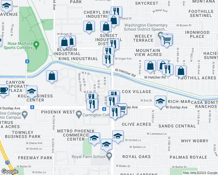 map of restaurants, bars, coffee shops, grocery stores, and more near 1850 West Sunnyslope Lane in Phoenix