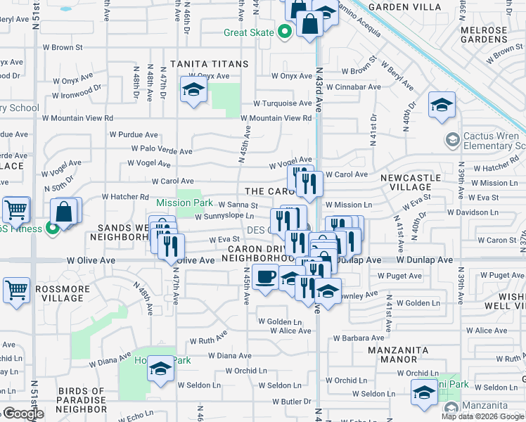 map of restaurants, bars, coffee shops, grocery stores, and more near 4411 West Sanna Street in Glendale