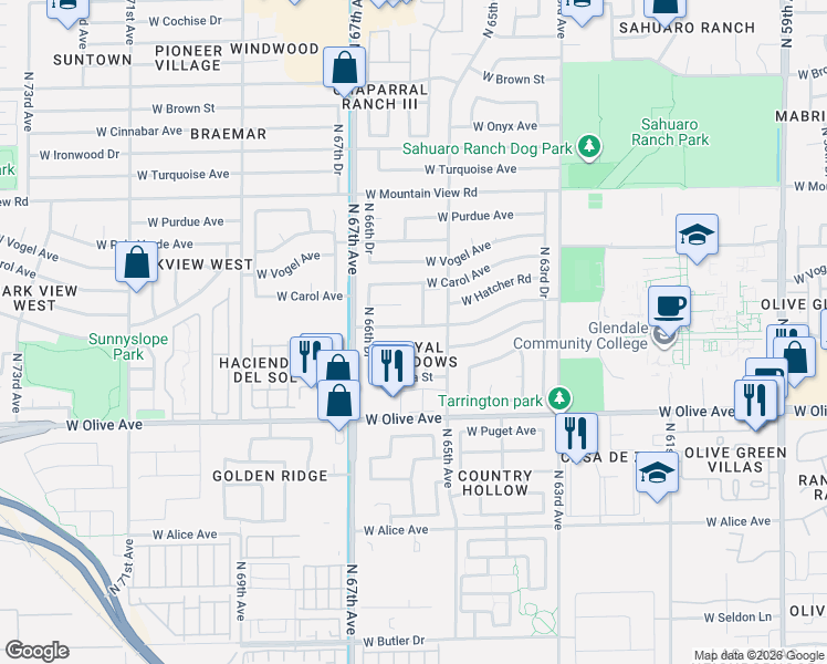 map of restaurants, bars, coffee shops, grocery stores, and more near 6515 West Sunnyslope Lane in Glendale