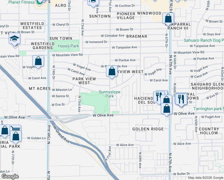 map of restaurants, bars, coffee shops, grocery stores, and more near 7108 West Sunnyslope Lane in Peoria