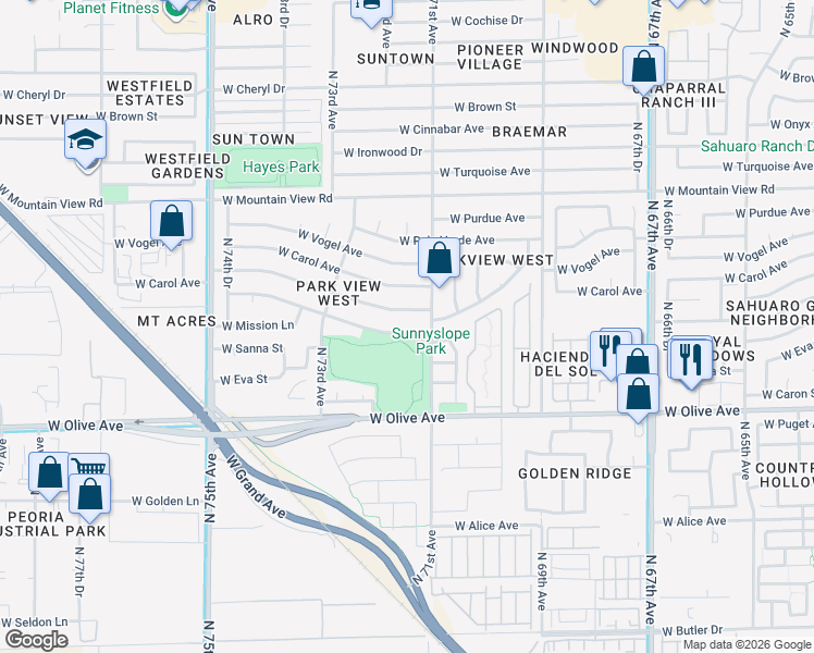 map of restaurants, bars, coffee shops, grocery stores, and more near 7108 West Sunnyslope Lane in Peoria
