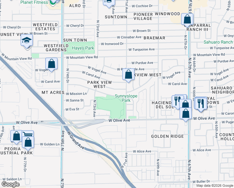 map of restaurants, bars, coffee shops, grocery stores, and more near 7144 West Sunnyslope Lane in Peoria