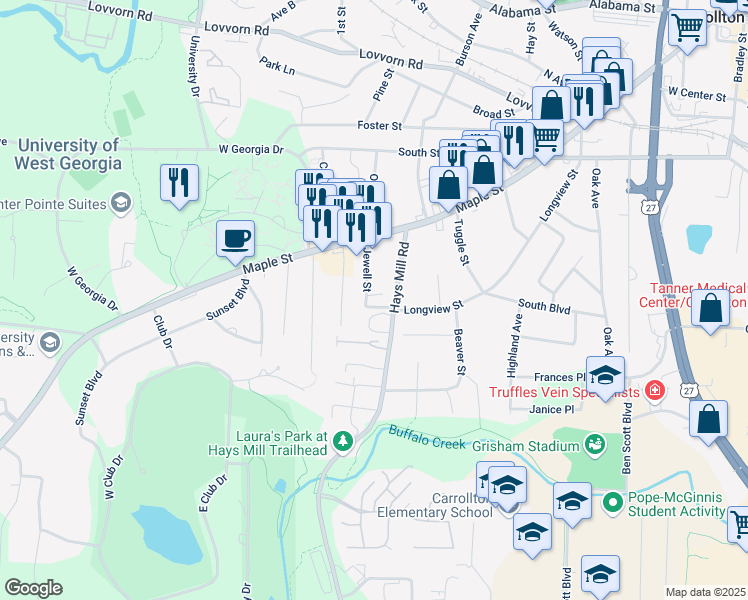 map of restaurants, bars, coffee shops, grocery stores, and more near 105 Haygood Place in Carrollton