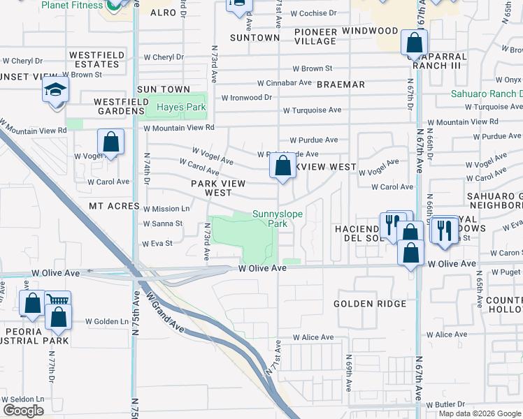 map of restaurants, bars, coffee shops, grocery stores, and more near 7108 West Sunnyslope Lane in Peoria