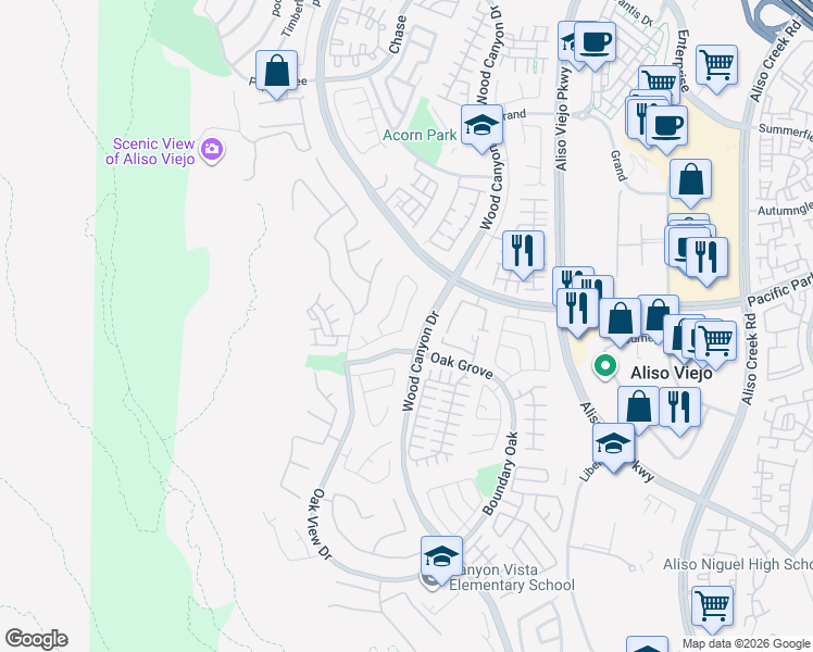 map of restaurants, bars, coffee shops, grocery stores, and more near 26 Dawn Lane in Aliso Viejo