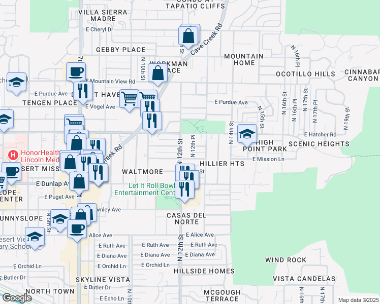 map of restaurants, bars, coffee shops, grocery stores, and more near 9212 North 12th Place in Phoenix