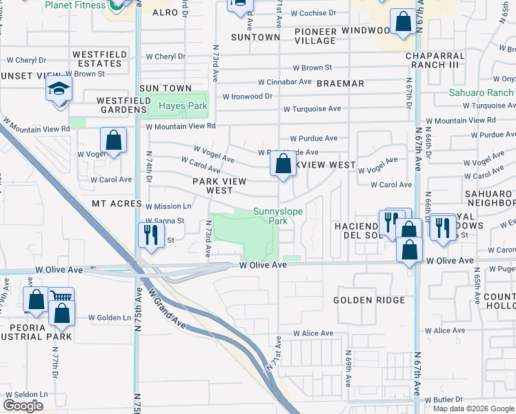map of restaurants, bars, coffee shops, grocery stores, and more near 7144 West Sunnyslope Lane in Peoria
