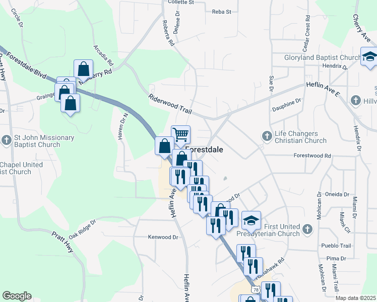 map of restaurants, bars, coffee shops, grocery stores, and more near 309 Echo Drive in Birmingham