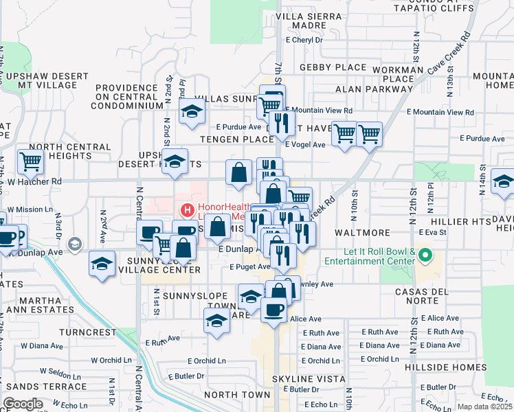 map of restaurants, bars, coffee shops, grocery stores, and more near 9208 North 6th Street in Phoenix