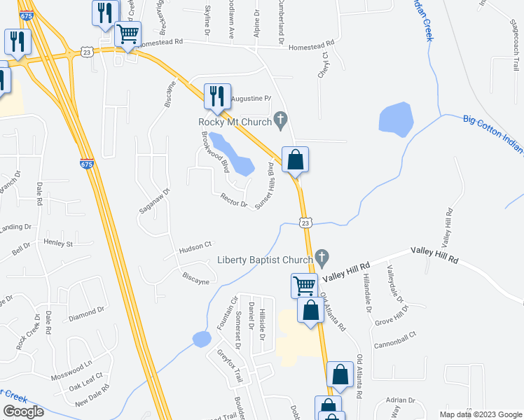 map of restaurants, bars, coffee shops, grocery stores, and more near 6746 Sunset Hills Boulevard in Rex
