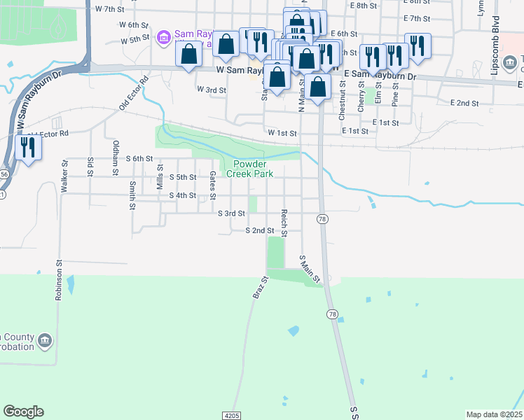 map of restaurants, bars, coffee shops, grocery stores, and more near 300 South 3rd Street in Bonham