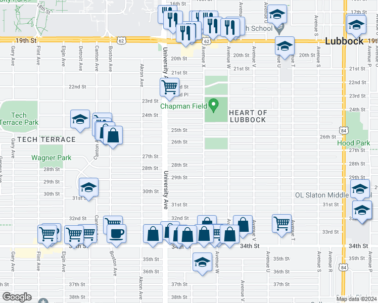 map of restaurants, bars, coffee shops, grocery stores, and more near 2414 27th Street in Lubbock