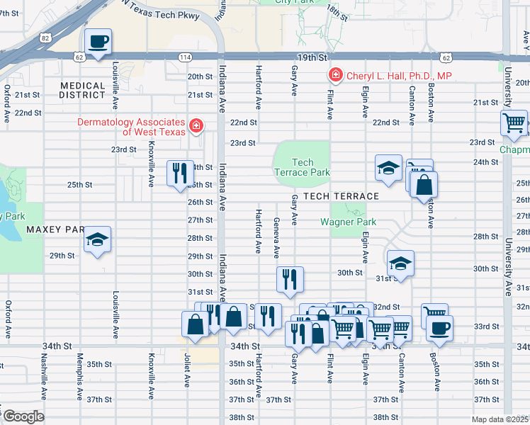 map of restaurants, bars, coffee shops, grocery stores, and more near 3208 27th Street in Lubbock