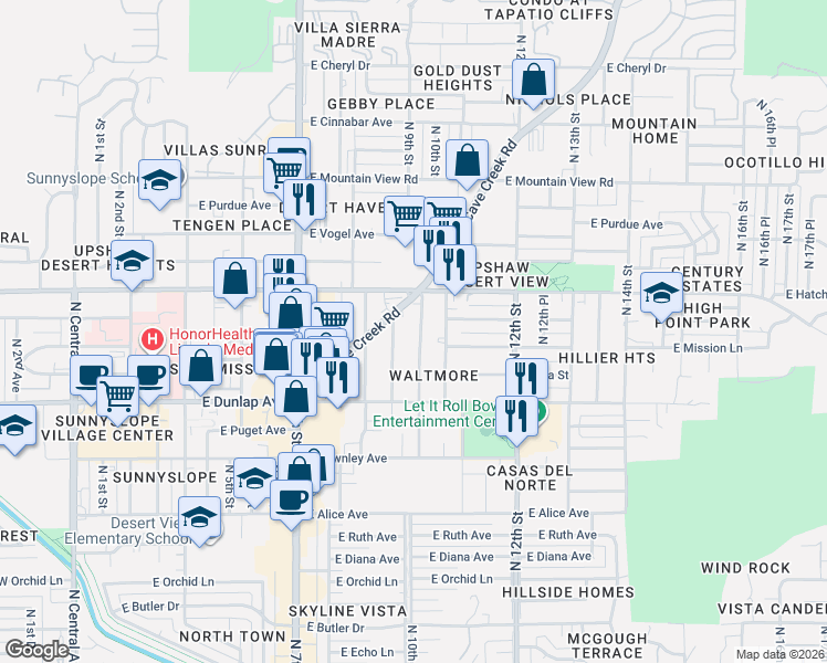 map of restaurants, bars, coffee shops, grocery stores, and more near 9216 North 10th Street in Phoenix