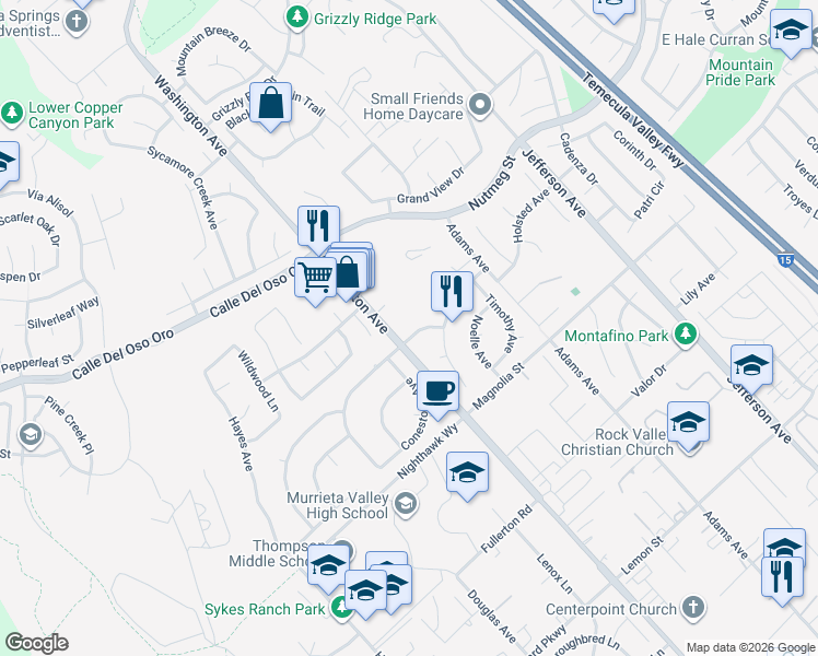map of restaurants, bars, coffee shops, grocery stores, and more near 41976 Santa Fe Trail in Murrieta