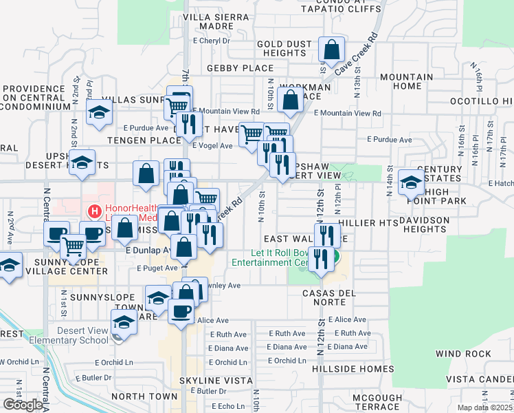 map of restaurants, bars, coffee shops, grocery stores, and more near 9216 North 10th Street in Phoenix