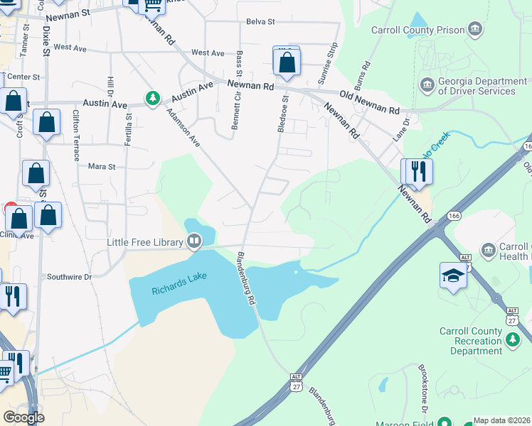 map of restaurants, bars, coffee shops, grocery stores, and more near 108 Mitchell Circle in Carrollton