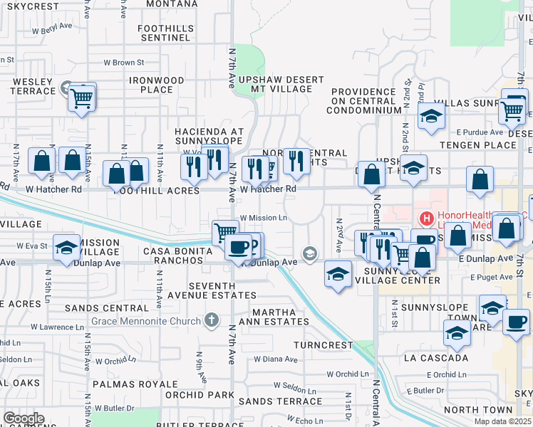 map of restaurants, bars, coffee shops, grocery stores, and more near 412 West Mission Lane in Phoenix