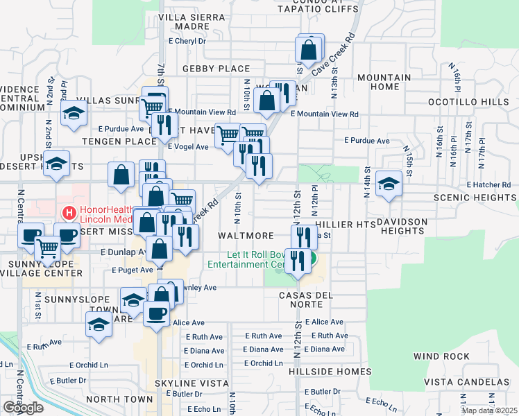 map of restaurants, bars, coffee shops, grocery stores, and more near 9213 North 11th Street in Phoenix