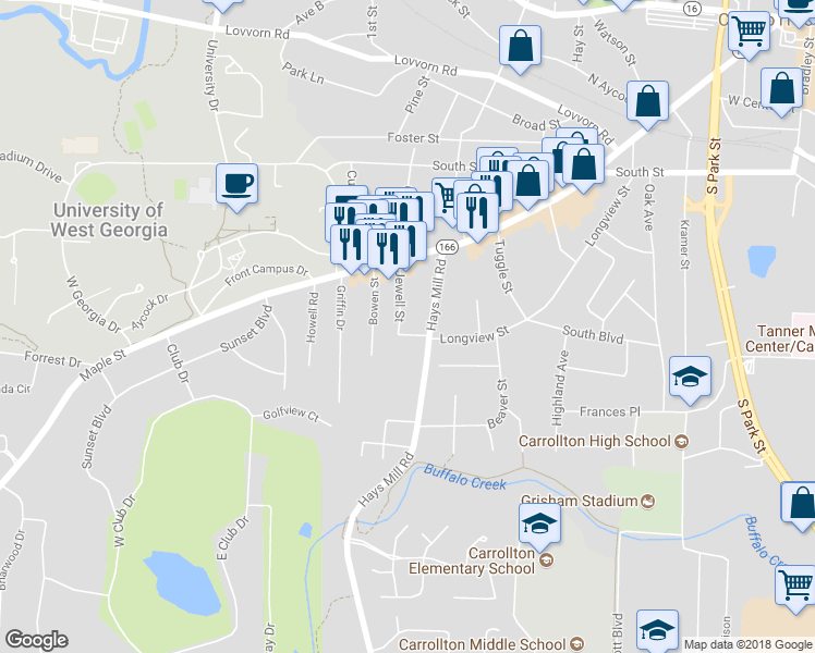 map of restaurants, bars, coffee shops, grocery stores, and more near 105 Haygood Place in Carrollton