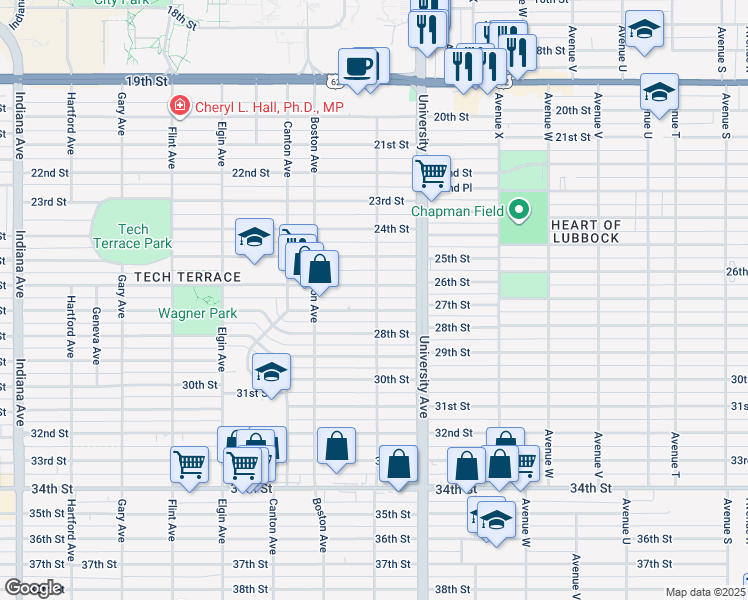map of restaurants, bars, coffee shops, grocery stores, and more near 2608 Akron Avenue in Lubbock