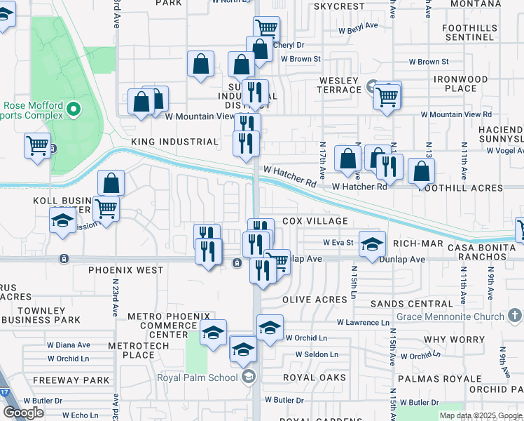 map of restaurants, bars, coffee shops, grocery stores, and more near 1850 West Sunnyslope Lane in Phoenix