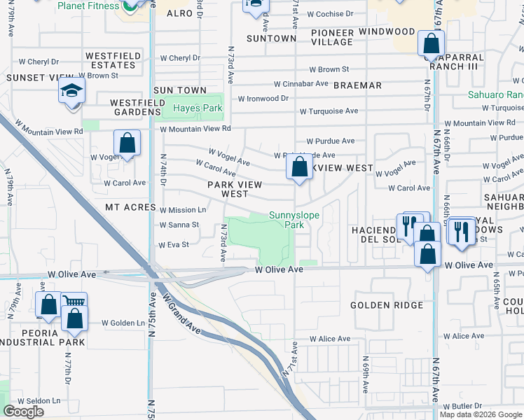 map of restaurants, bars, coffee shops, grocery stores, and more near 7144 West Sunnyslope Lane in Peoria