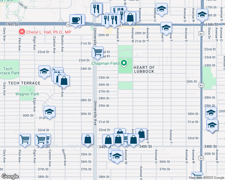 map of restaurants, bars, coffee shops, grocery stores, and more near 2410 27th Street in Lubbock