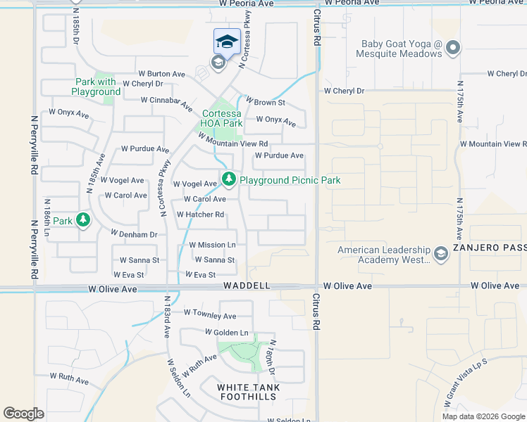 map of restaurants, bars, coffee shops, grocery stores, and more near 18046 West Hatcher Road in Waddell