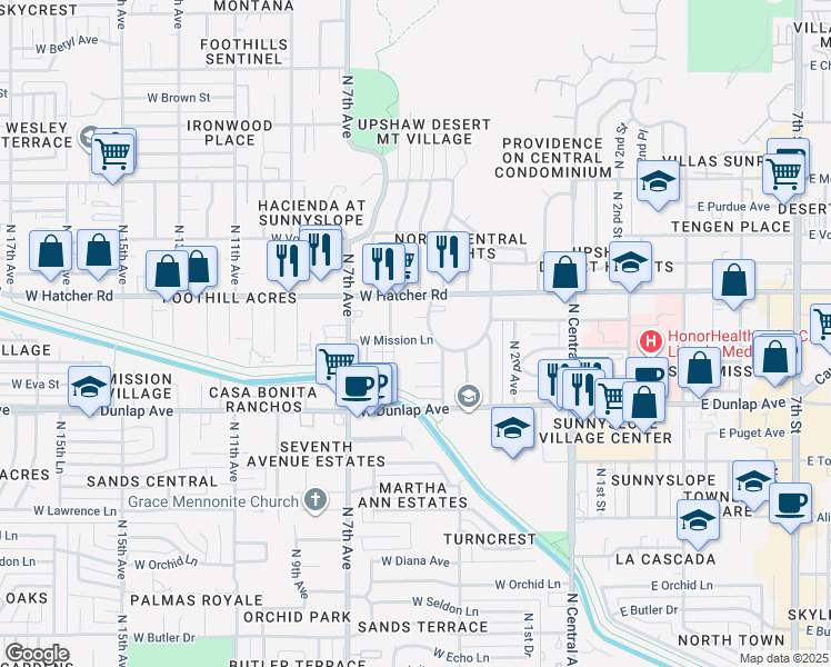 map of restaurants, bars, coffee shops, grocery stores, and more near 412 West Mission Lane in Phoenix