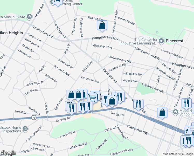 map of restaurants, bars, coffee shops, grocery stores, and more near 3102 Yemassee Avenue in Aiken