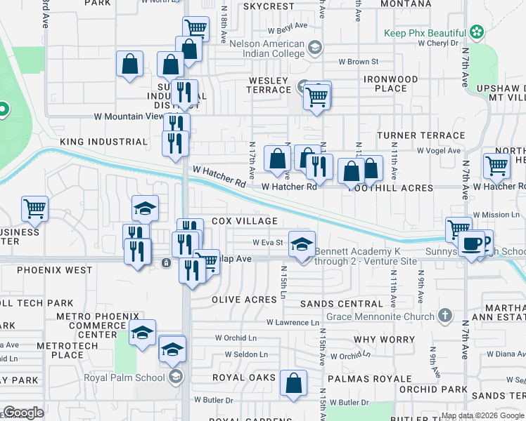 map of restaurants, bars, coffee shops, grocery stores, and more near 1708 West Sunnyslope Lane in Phoenix
