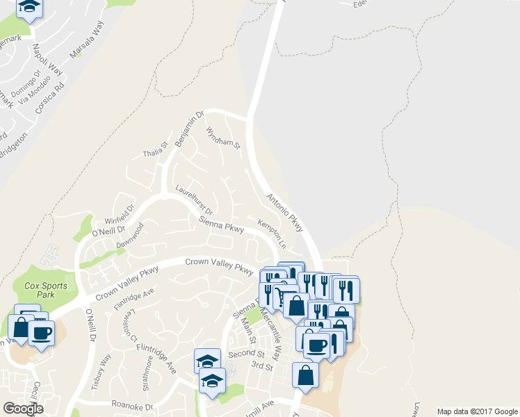 map of restaurants, bars, coffee shops, grocery stores, and more near 31 Blakemore Drive in Ladera Ranch