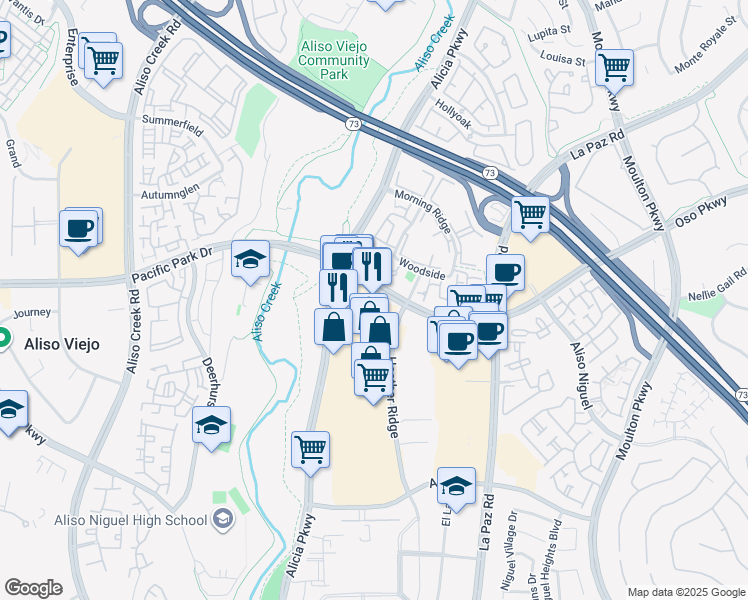 map of restaurants, bars, coffee shops, grocery stores, and more near 27040 Alicia Parkway in Laguna Niguel