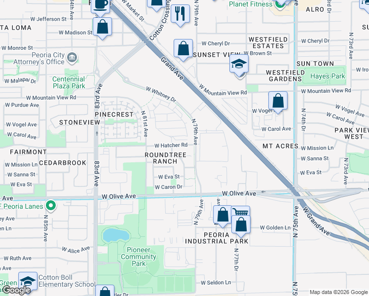 map of restaurants, bars, coffee shops, grocery stores, and more near 7957 West Hatcher Road in Peoria