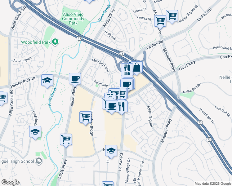 map of restaurants, bars, coffee shops, grocery stores, and more near 16 Oak Spring Lane in Laguna Hills
