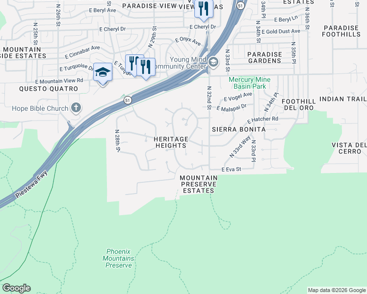 map of restaurants, bars, coffee shops, grocery stores, and more near 9052 North Arroya Vista Drive in Phoenix